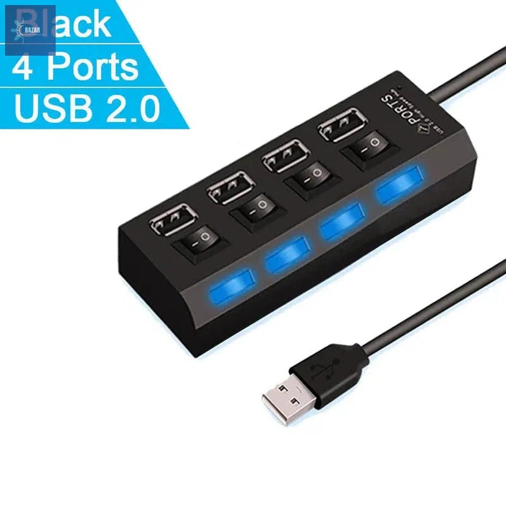 Adaptador USB de Alta Velocidad con 4/7 Puertos | Expande Conectividad con Control LED Individual-BAZAR ELECTRONICO-4 Ports Black-BAZAR ELECTRONICO