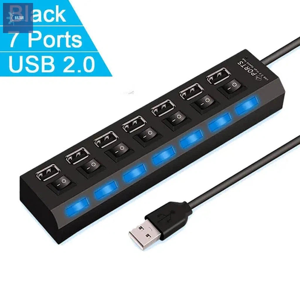 Adaptador USB de Alta Velocidad con 4/7 Puertos | Expande Conectividad con Control LED Individual-BAZAR ELECTRONICO-7 Ports Black-BAZAR ELECTRONICO