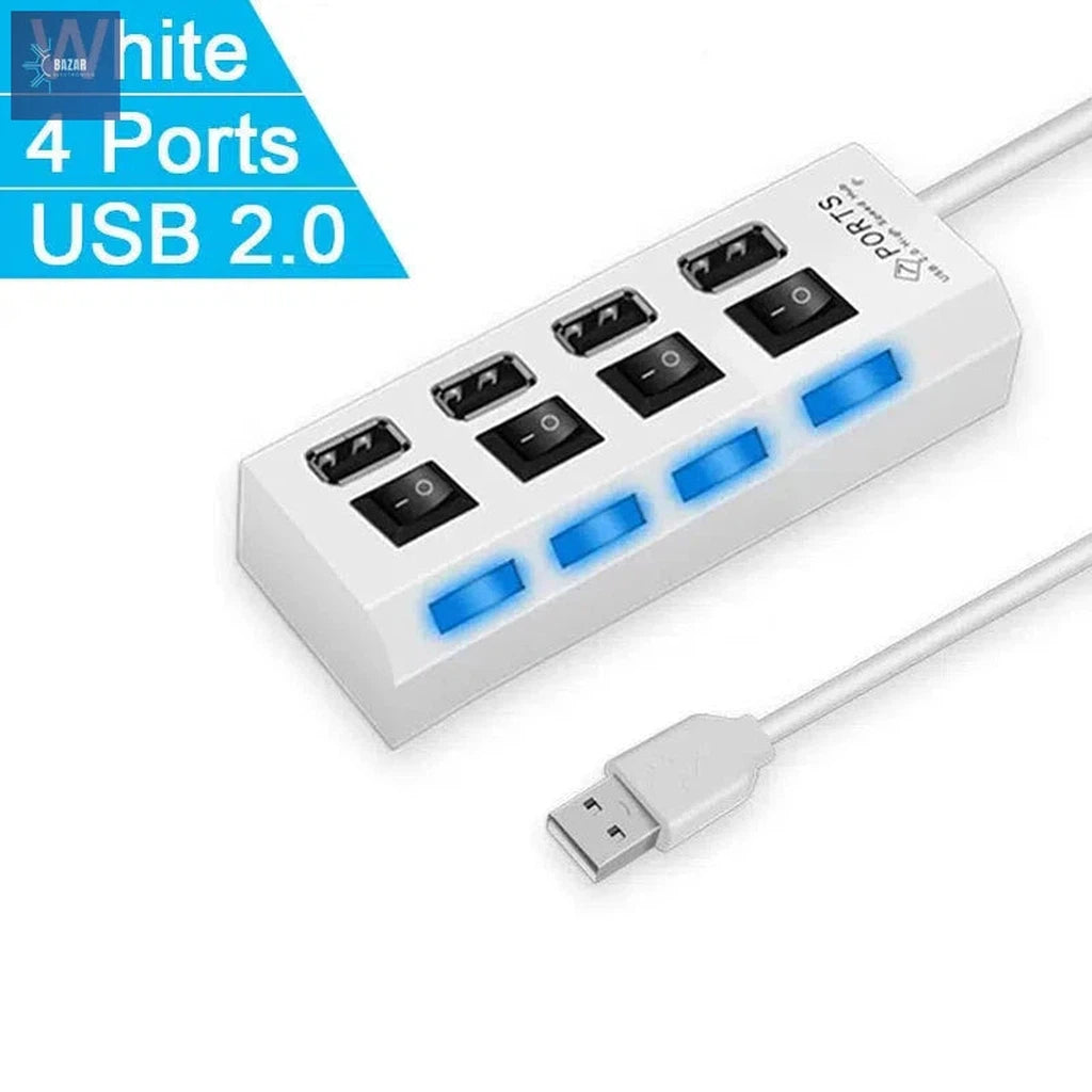 Adaptador USB de Alta Velocidad con 4/7 Puertos | Expande Conectividad con Control LED Individual-BAZAR ELECTRONICO-4 Ports White-BAZAR ELECTRONICO