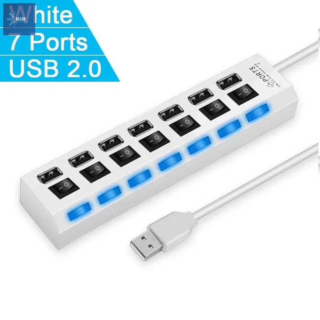 Adaptador USB de Alta Velocidad con 4/7 Puertos | Expande Conectividad con Control LED Individual-BAZAR ELECTRONICO-7 Ports White-BAZAR ELECTRONICO