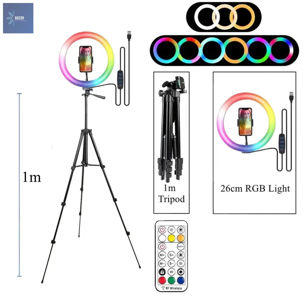 Anillo de Luz RGB LED para Fotografía y Vídeos: Ilumina tus Creaciones con Control Remoto y Brillo Ajustable-BAZAR ELECTRONICO-With 1m Tripod-BAZAR ELECTRONICO