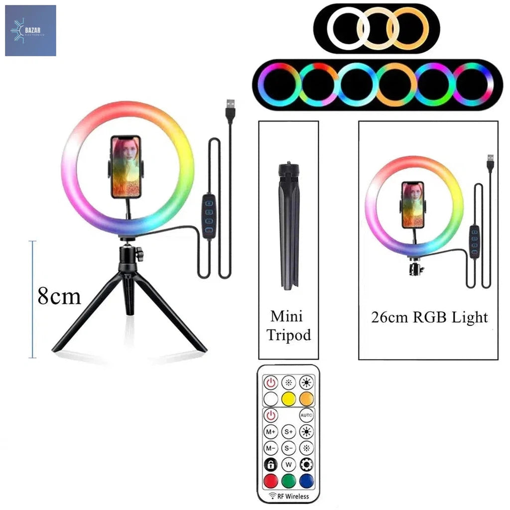 Anillo de Luz RGB LED para Fotografía y Vídeos: Ilumina tus Creaciones con Control Remoto y Brillo Ajustable-BAZAR ELECTRONICO-With Mini Tripod-BAZAR ELECTRONICO