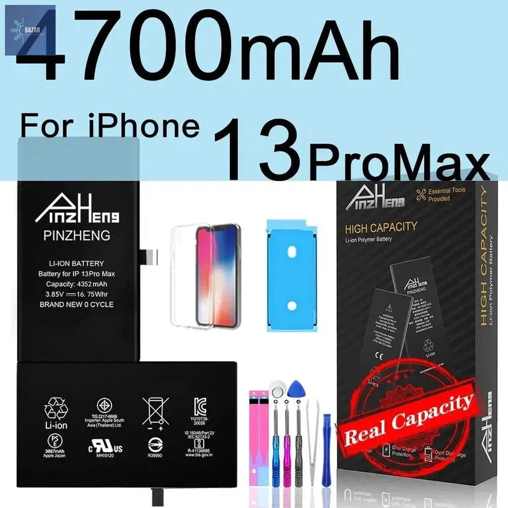 Batería de Alta Capacidad para iPhone X/XS/XR/11/12/13 | Reemplazo PINZHENG con Garantía y Máximo Rendimiento-BAZAR ELECTRONICO-4700mAh For 13ProMax-BAZAR ELECTRONICO