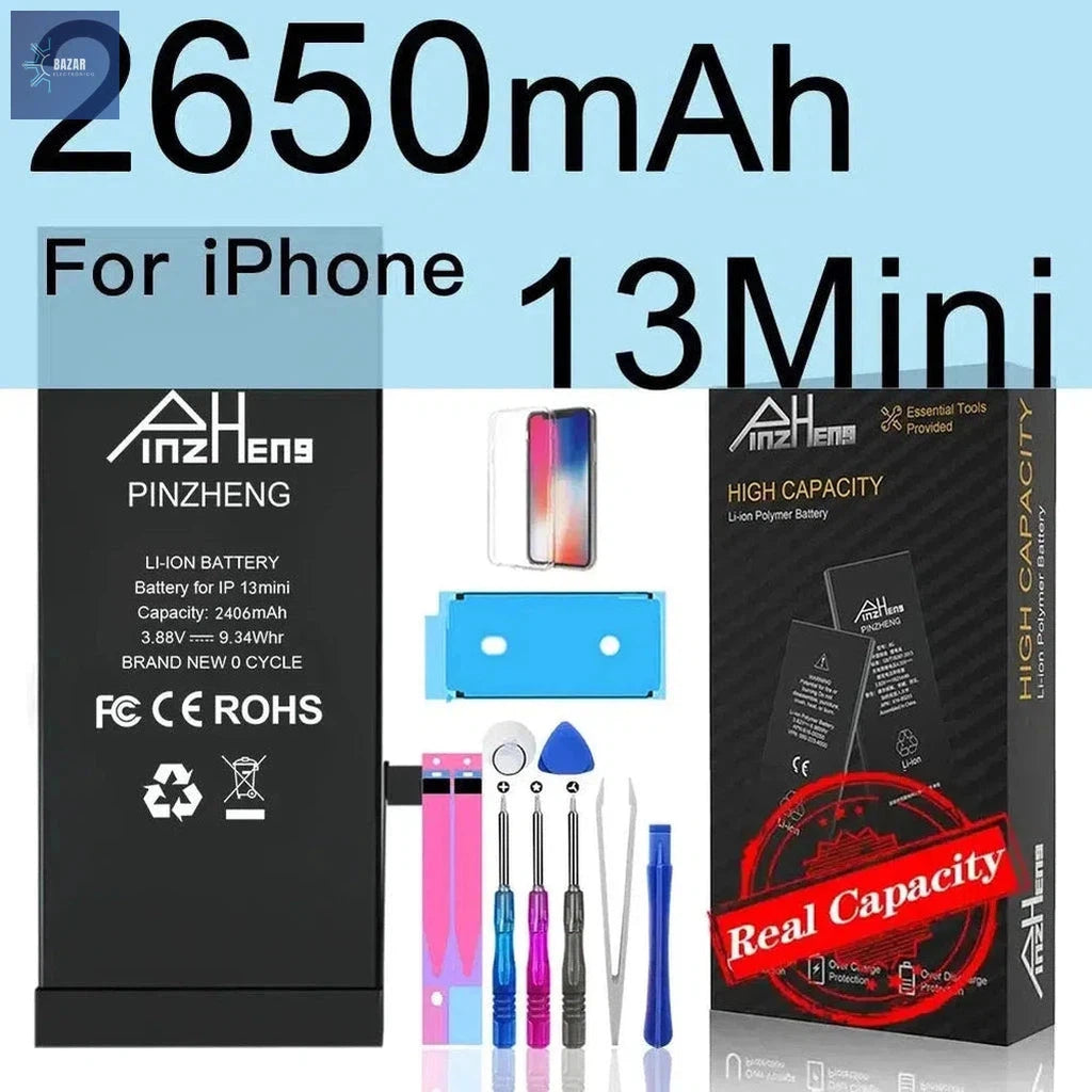 Batería de Alta Capacidad para iPhone X/XS/XR/11/12/13 | Reemplazo PINZHENG con Garantía y Máximo Rendimiento-BAZAR ELECTRONICO-2650mAh For i13 MINI-BAZAR ELECTRONICO