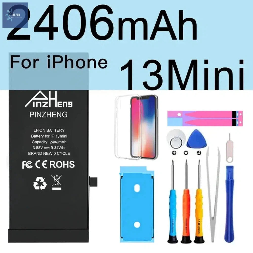 Batería de Alta Capacidad para iPhone X/XS/XR/11/12/13 | Reemplazo PINZHENG con Garantía y Máximo Rendimiento-BAZAR ELECTRONICO-2406mAh For i13 MINI-BAZAR ELECTRONICO