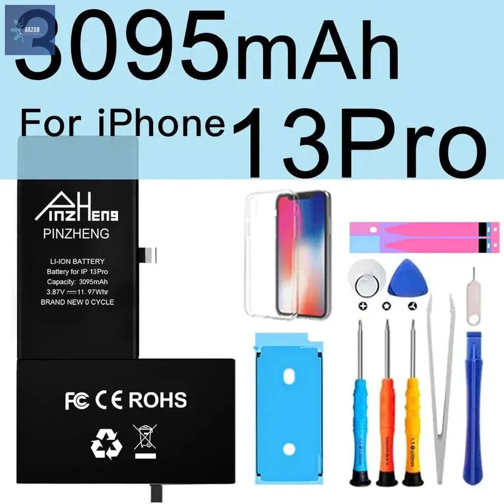 Batería de Alta Capacidad para iPhone X/XS/XR/11/12/13 | Reemplazo PINZHENG con Garantía y Máximo Rendimiento-BAZAR ELECTRONICO-3095mAh For i13Pro-BAZAR ELECTRONICO