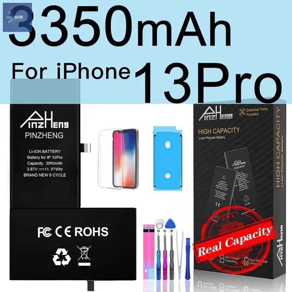 Batería de Alta Capacidad para iPhone X/XS/XR/11/12/13 | Reemplazo PINZHENG con Garantía y Máximo Rendimiento-BAZAR ELECTRONICO-3350mAh For i13Pro-BAZAR ELECTRONICO