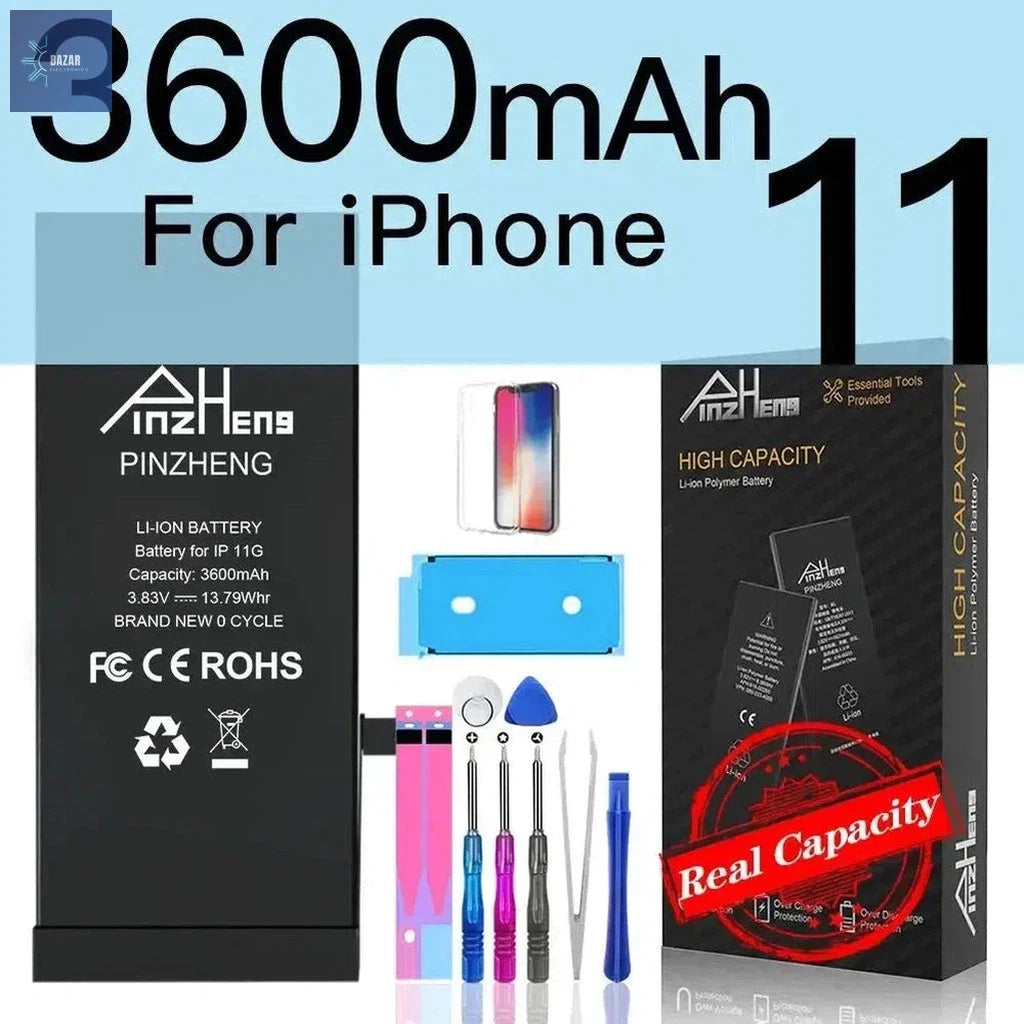 Batería de Alta Capacidad para iPhone X/XS/XR/11/12/13 | Reemplazo PINZHENG con Garantía y Máximo Rendimiento-BAZAR ELECTRONICO-3600mAh For i11-BAZAR ELECTRONICO