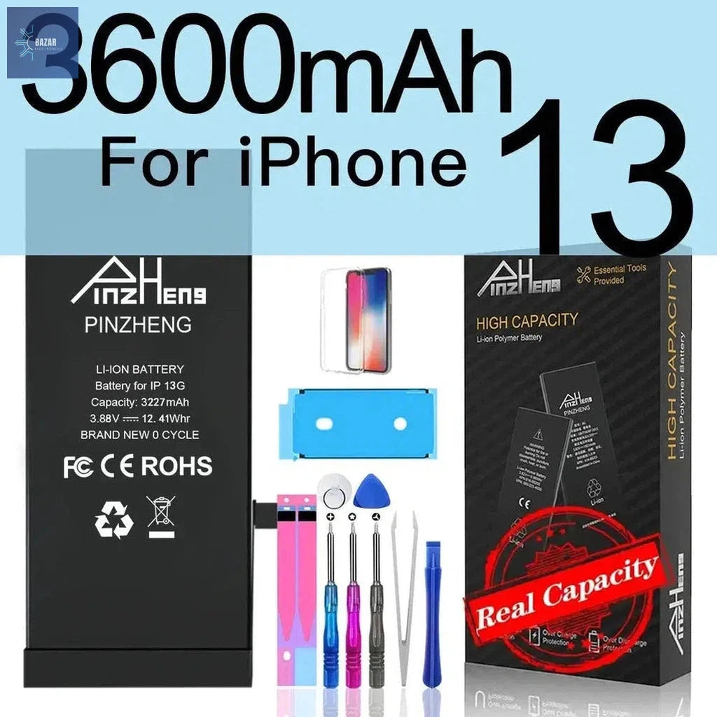 Batería de Alta Capacidad para iPhone X/XS/XR/11/12/13 | Reemplazo PINZHENG con Garantía y Máximo Rendimiento-BAZAR ELECTRONICO-3600mAh For i13-BAZAR ELECTRONICO