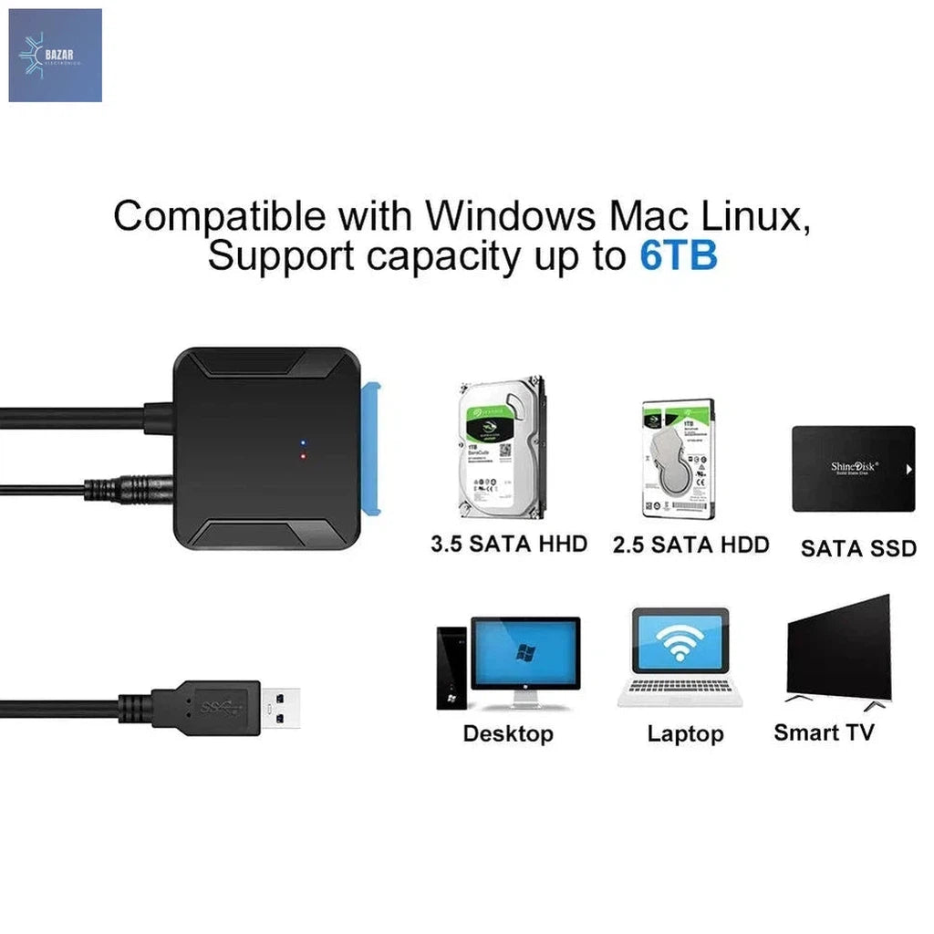 Cable Adaptador SATA a USB 3.0 con UASP | Transferencias Rápidas y Compatibilidad con SSD/HDD-BAZAR ELECTRONICO-BAZAR ELECTRONICO