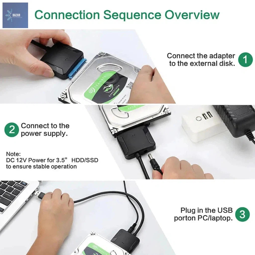 Cable Adaptador SATA a USB 3.0 con UASP | Transferencias Rápidas y Compatibilidad con SSD/HDD-BAZAR ELECTRONICO-BAZAR ELECTRONICO