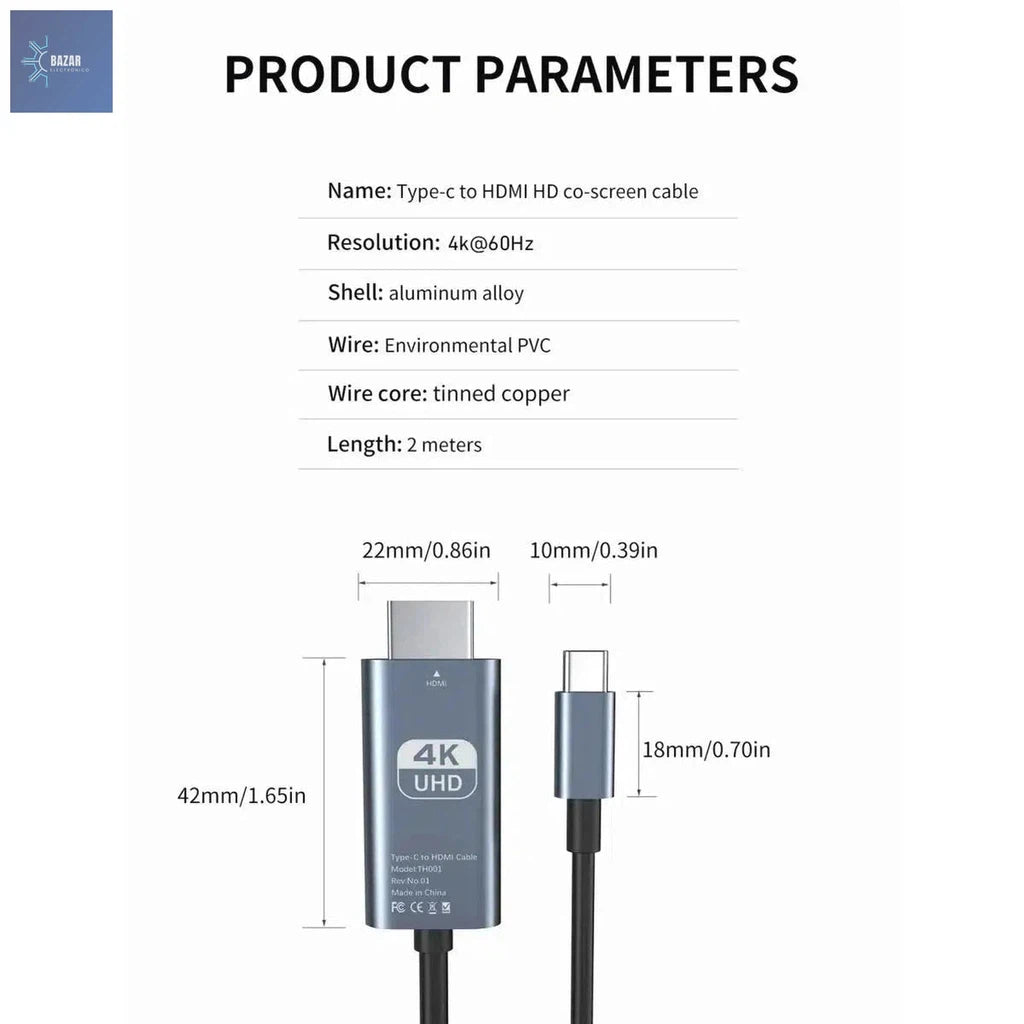 Cable de Video 4K 60Hz de 2 Metros Proyección de Pantalla Ultra Nítida para TV y Ordenador, Diseño Duradero y Resistente-BAZAR ELECTRONICO-grey-BAZAR ELECTRONICO