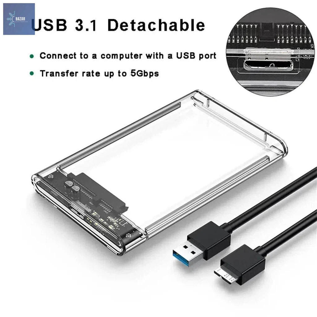 Carcasa Externa Transparente para Disco Duro 2.5'' – USB 3.1, Soporte UASP, Compatible con HDD/SSD hasta 4TB-BAZAR ELECTRONICO-DZK0230N1-BAZAR ELECTRONICO