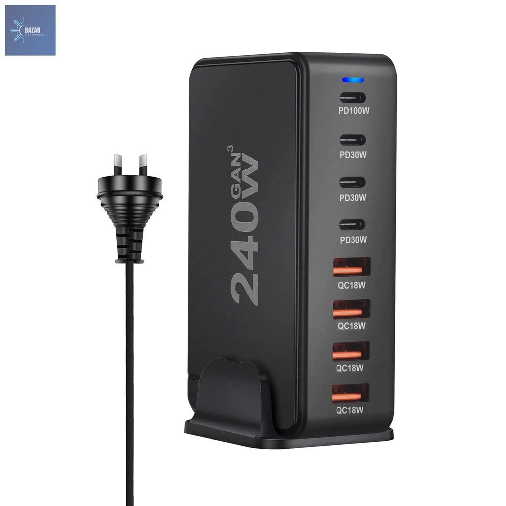 Cargador GaN de 240W con 8 Puertos USB: Potencia y Carga Rápida para Móviles, Tablets y Laptops-BAZAR ELECTRONICO-240W-AU-black-BAZAR ELECTRONICO