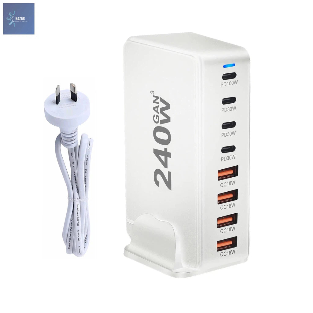 Cargador GaN de 240W con 8 Puertos USB: Potencia y Carga Rápida para Móviles, Tablets y Laptops-BAZAR ELECTRONICO-240W-AU-White-BAZAR ELECTRONICO