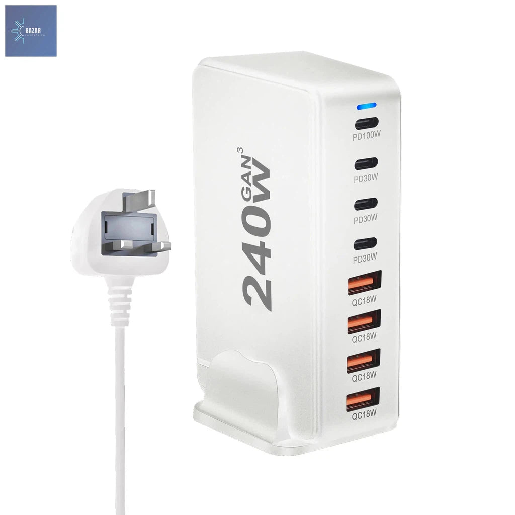 Cargador GaN de 240W con 8 Puertos USB: Potencia y Carga Rápida para Móviles, Tablets y Laptops-BAZAR ELECTRONICO-240W-UK-White-BAZAR ELECTRONICO