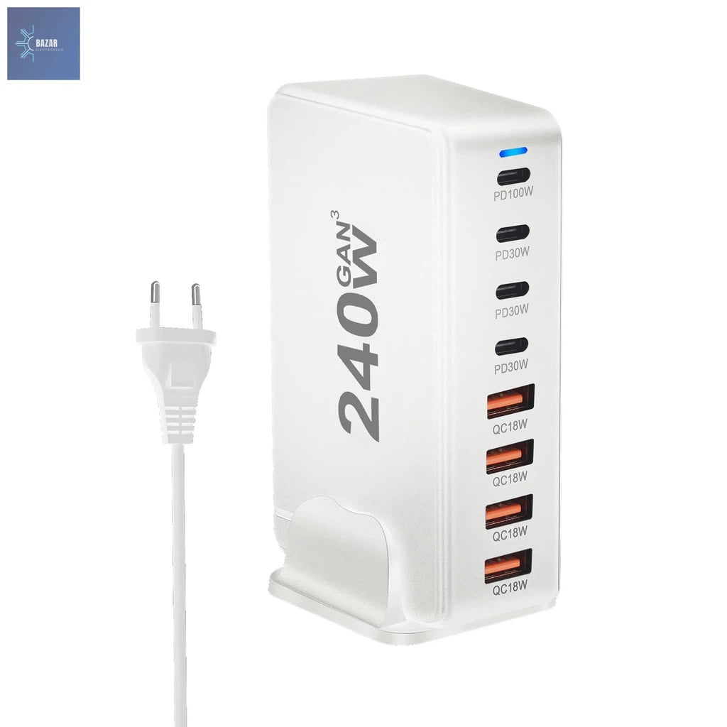 Cargador GaN de 240W con 8 Puertos USB: Potencia y Carga Rápida para Móviles, Tablets y Laptops-BAZAR ELECTRONICO-240W-EU-White-BAZAR ELECTRONICO