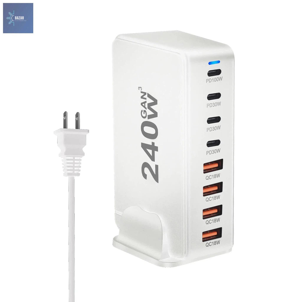 Cargador GaN de 240W con 8 Puertos USB: Potencia y Carga Rápida para Móviles, Tablets y Laptops-BAZAR ELECTRONICO-240W-US-White-BAZAR ELECTRONICO