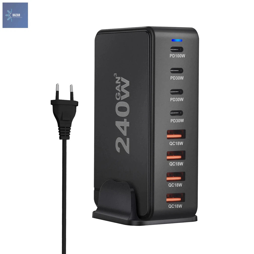 Cargador GaN de 240W con 8 Puertos USB: Potencia y Carga Rápida para Móviles, Tablets y Laptops-BAZAR ELECTRONICO-240W-EU-black-BAZAR ELECTRONICO