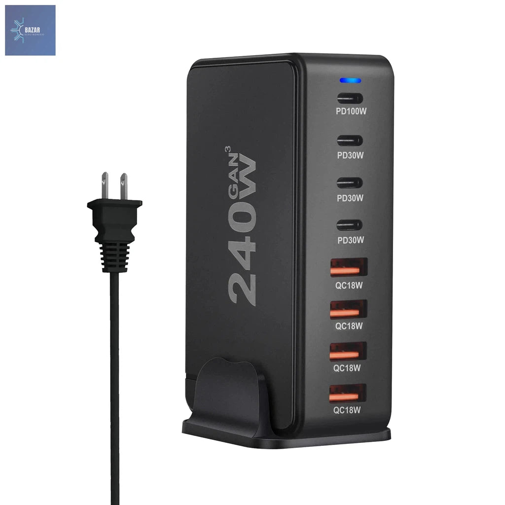 Cargador GaN de 240W con 8 Puertos USB: Potencia y Carga Rápida para Móviles, Tablets y Laptops-BAZAR ELECTRONICO-240W-US-black-BAZAR ELECTRONICO