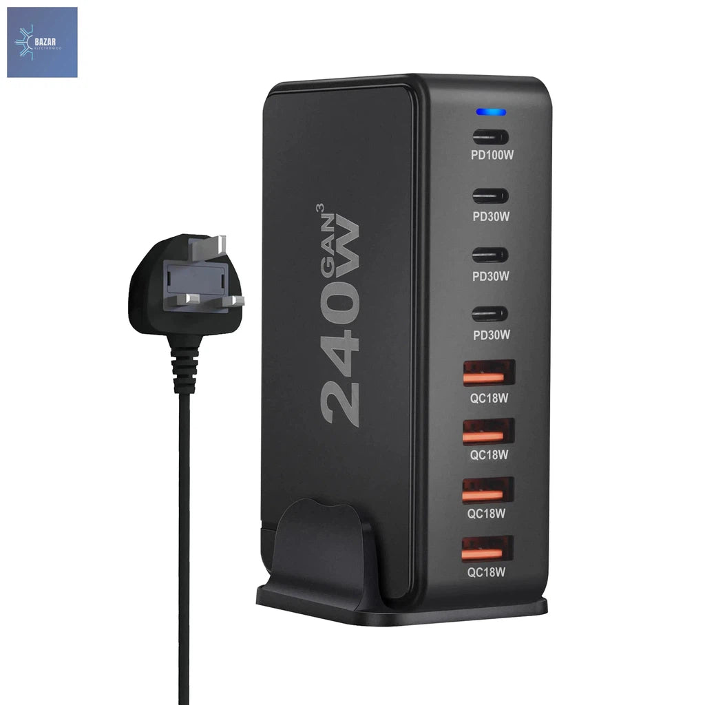 Cargador GaN de 240W con 8 Puertos USB: Potencia y Carga Rápida para Móviles, Tablets y Laptops-BAZAR ELECTRONICO-240W-UK-black-BAZAR ELECTRONICO