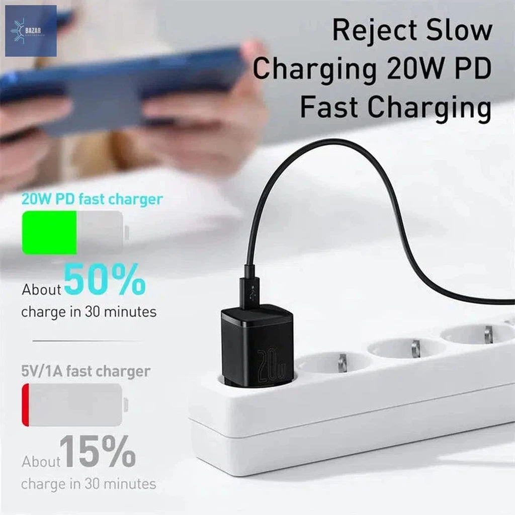 Cargador USB Tipo C Baseus de 20W: Carga Rápida y Compacta para iPhone 15, 14, 13 y Más-BAZAR ELECTRONICO-BAZAR ELECTRONICO