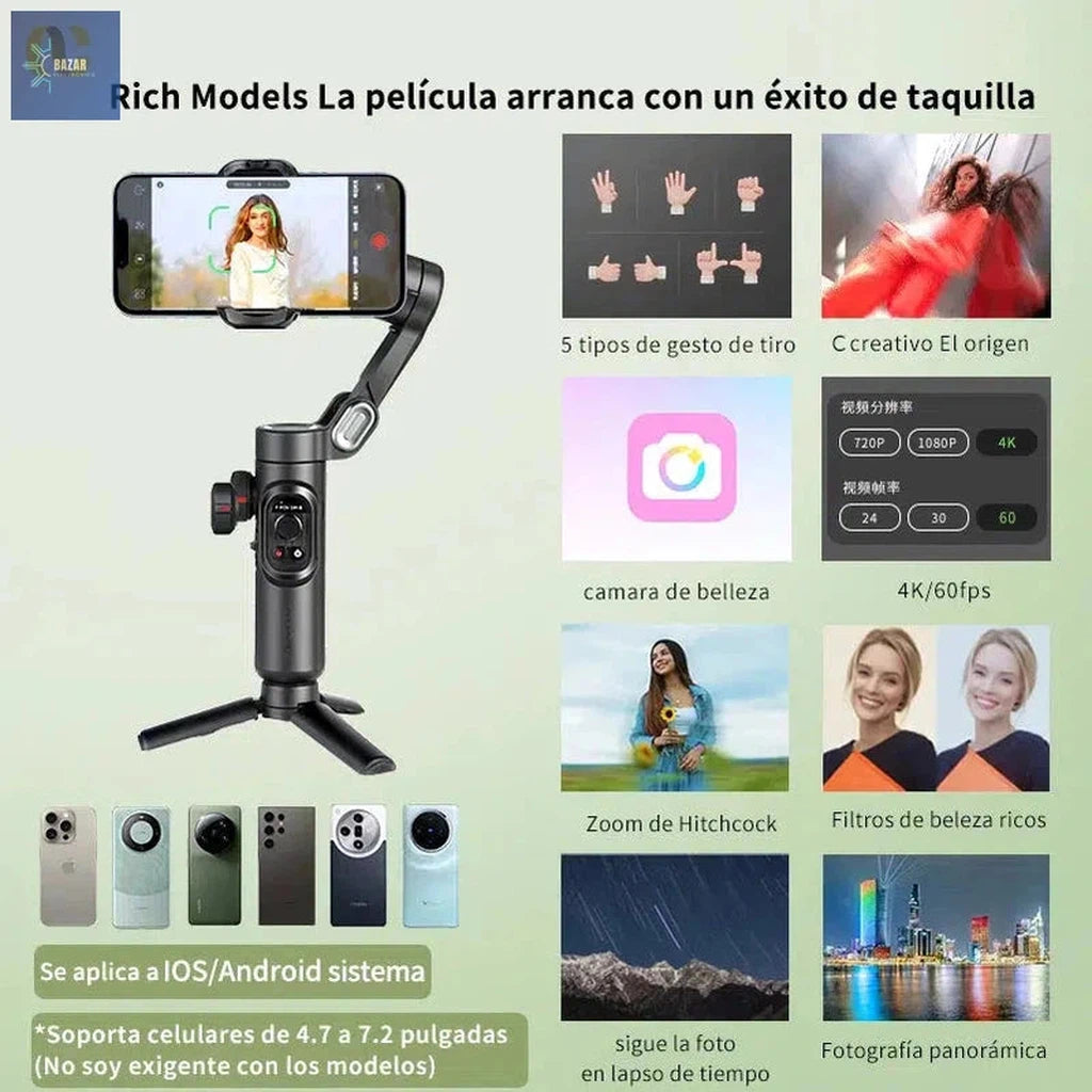 Estabilizador de Cardán AOCHUAN de Mano: Grabación Profesional con Estabilidad de 3 Ejes y Luz de Relleno para iPhone y Android-BAZAR ELECTRONICO-BAZAR ELECTRONICO