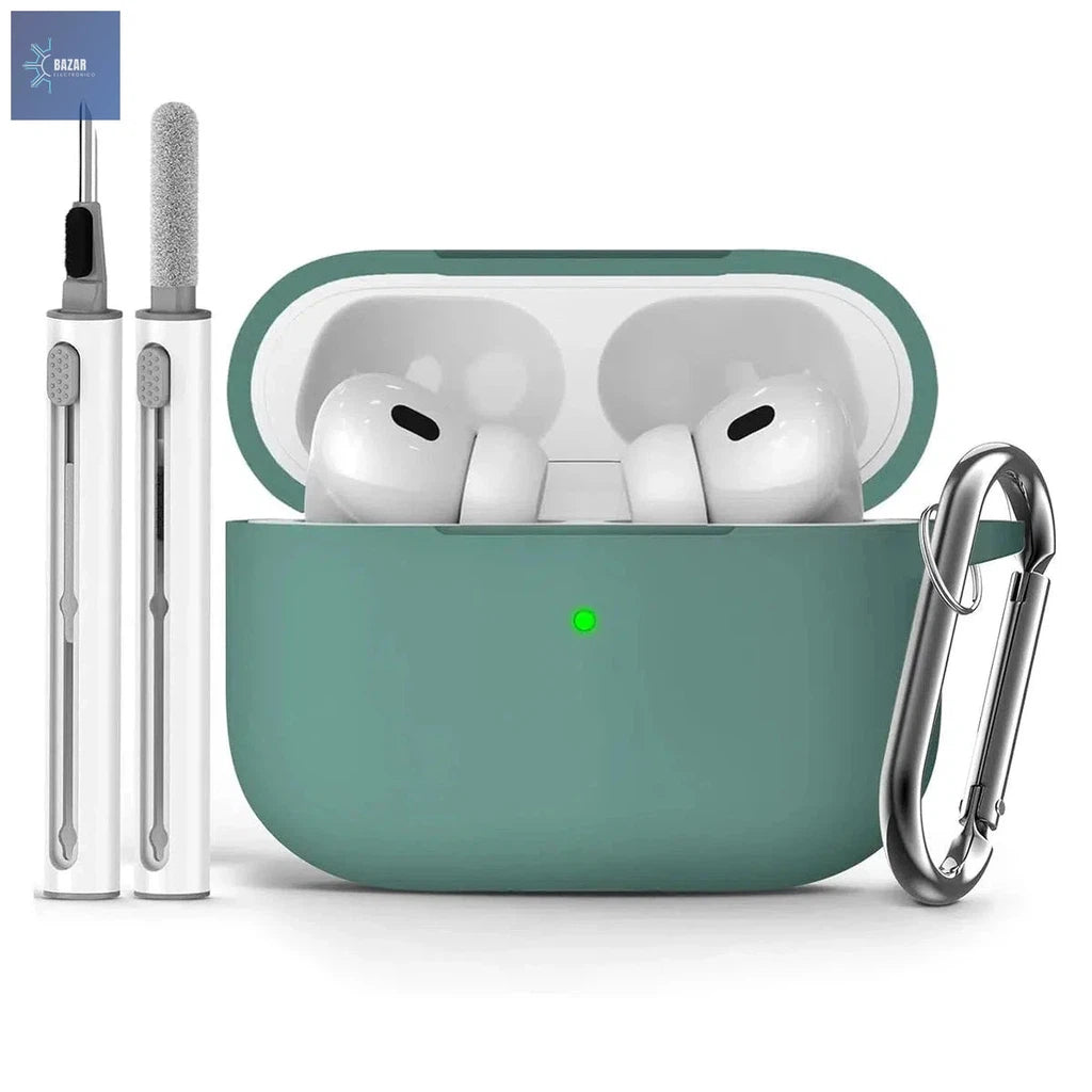 Funda de Silicona Suave para AirPods Pro (2ª Gen) con Kit de Limpieza: Protección Elegante y Mantenimiento Óptimo-BAZAR ELECTRONICO-Pine needle green-BAZAR ELECTRONICO