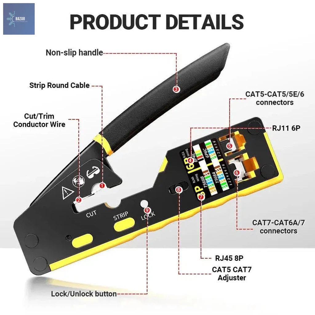 Herramienta de Prensado AMPCOM RJ45: Precisión y Durabilidad para Conectores Ethernet CAT6/CAT5E-BAZAR ELECTRONICO-Yellow-BAZAR ELECTRONICO