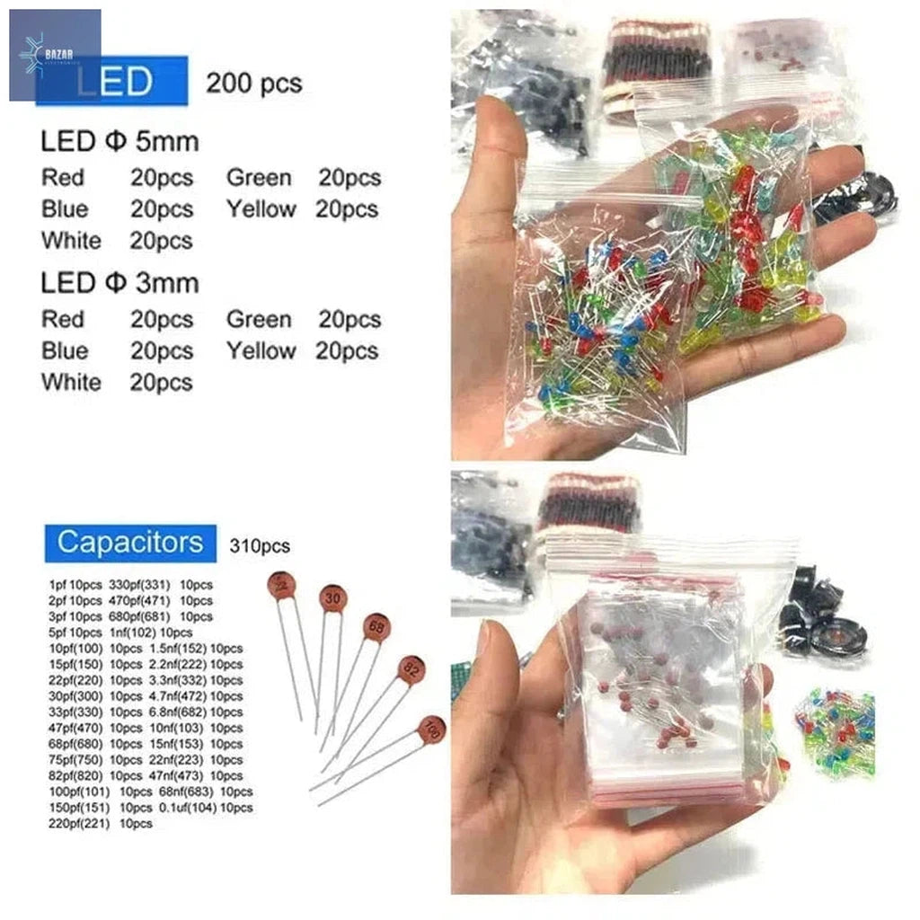 Kit Completo de Componentes Electrónicos – Resistencias, Condensadores, Transistores y LEDs para Proyectos DIY-BAZAR ELECTRONICO-BAZAR ELECTRONICO