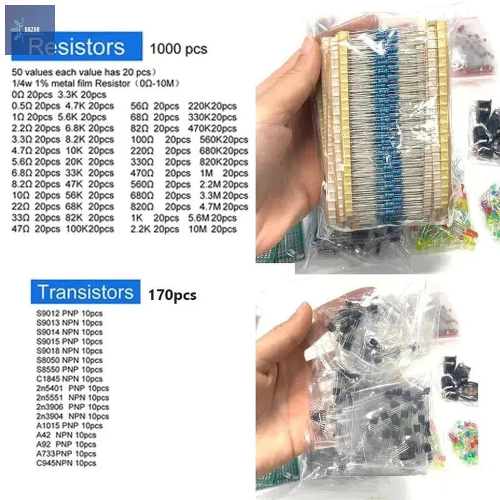 Kit Completo de Componentes Electrónicos – Resistencias, Condensadores, Transistores y LEDs para Proyectos DIY-BAZAR ELECTRONICO-BAZAR ELECTRONICO