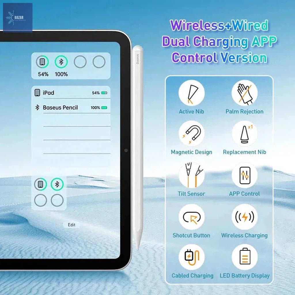 Lápiz Óptico Digital Baseus Gen2 con Rechazo de Palma | Precisión y Compatibilidad para iPad Pro, Mini 6 y Más-BAZAR ELECTRONICO-with Cable-BAZAR ELECTRONICO