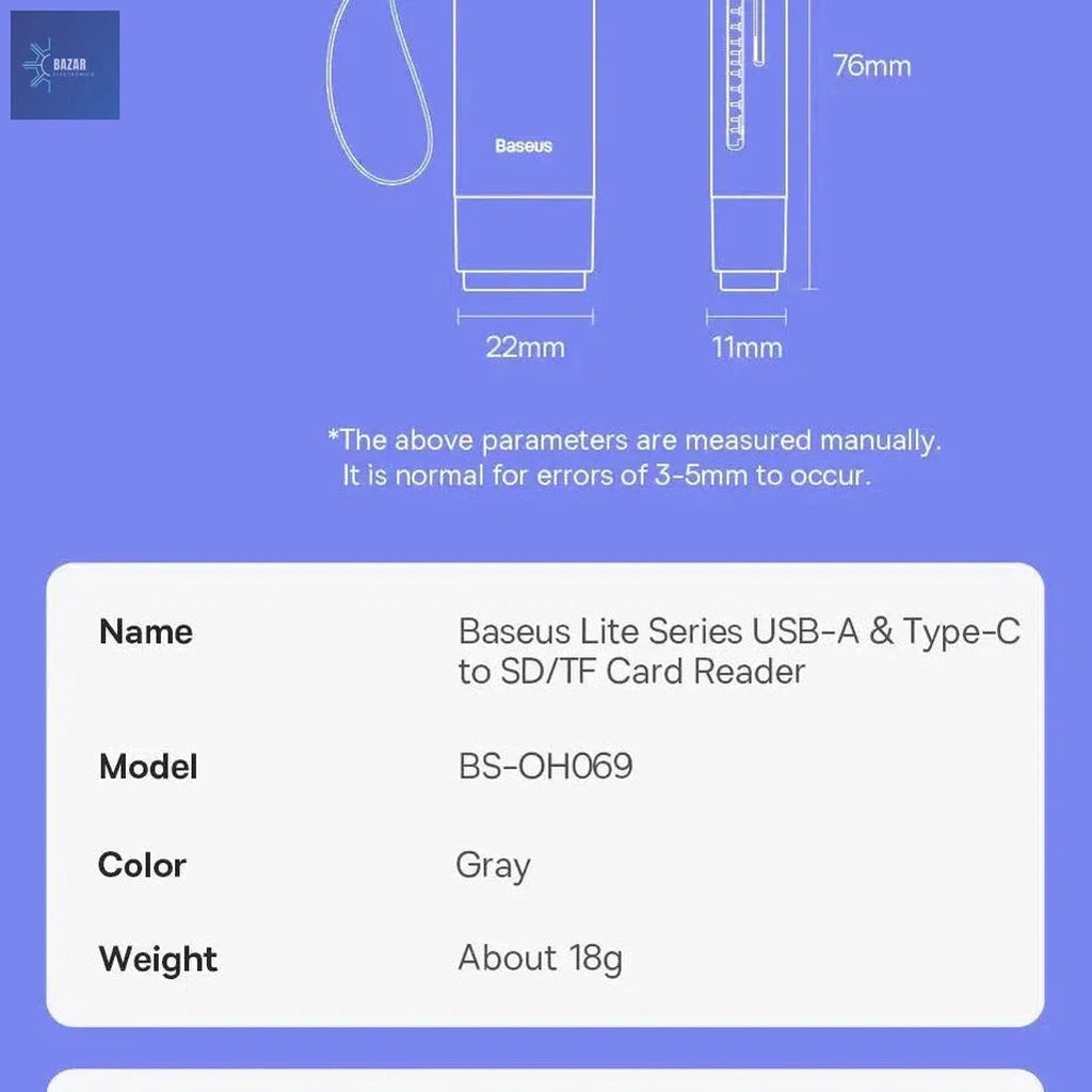 Lector de Tarjetas Baseus USB-C/USB 3.0 – Transferencia Rápida 104MB/s, Compatible con SD/Micro SD/TF hasta 2TB-BAZAR ELECTRONICO-BAZAR ELECTRONICO