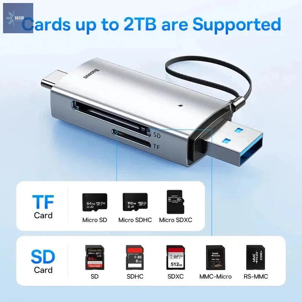 Lector de Tarjetas Baseus USB-C/USB 3.0 – Transferencia Rápida 104MB/s, Compatible con SD/Micro SD/TF hasta 2TB-BAZAR ELECTRONICO-BAZAR ELECTRONICO