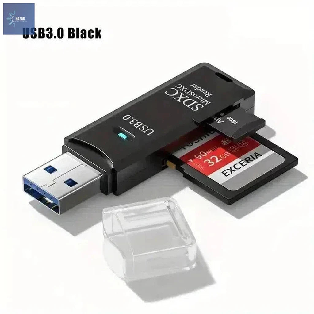 Lector de Tarjetas Micro SD 2 en 1 USB 3.0 – Transferencia Ultra Rápida 5Gbps, Compatible con USB 2.0 para PC y Laptop-BAZAR ELECTRONICO-USB 3.0 Black-BAZAR ELECTRONICO