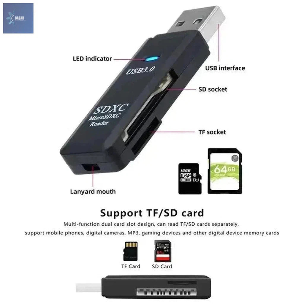 Mini Lector de Tarjetas USB 3.0 2 en 1 – Transferencia Rápida 5Gbps para Micro SD/TF, Compacto y Plug-and-Play"-BAZAR ELECTRONICO-BAZAR ELECTRONICO