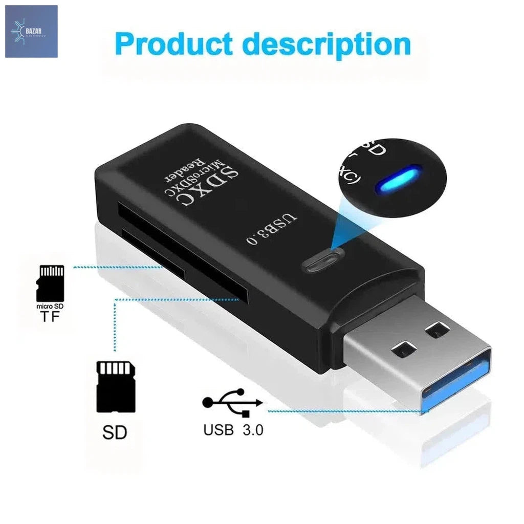 Mini Lector de Tarjetas USB 3.0 2 en 1 – Transferencia Rápida 5Gbps para Micro SD/TF, Compacto y Plug-and-Play"-BAZAR ELECTRONICO-BAZAR ELECTRONICO