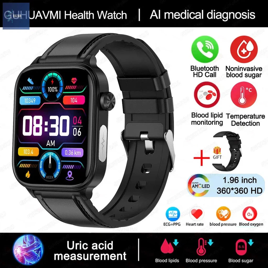 Reloj Inteligente con Diagnóstico Médico: Monitorea Lípidos, Glucosa y ECG en Tiempo Real-BAZAR ELECTRONICO-Black-Leather-BAZAR ELECTRONICO