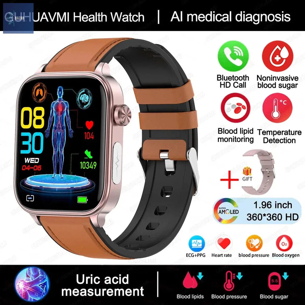 Reloj Inteligente con Diagnóstico Médico: Monitorea Lípidos, Glucosa y ECG en Tiempo Real-BAZAR ELECTRONICO-Brown Leather-BAZAR ELECTRONICO