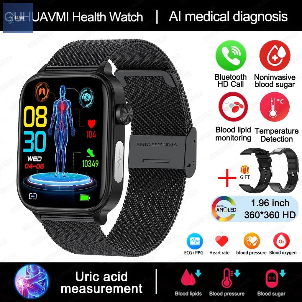 Reloj Inteligente con Diagnóstico Médico: Monitorea Lípidos, Glucosa y ECG en Tiempo Real-BAZAR ELECTRONICO-Black Mesh Belt 2-BAZAR ELECTRONICO