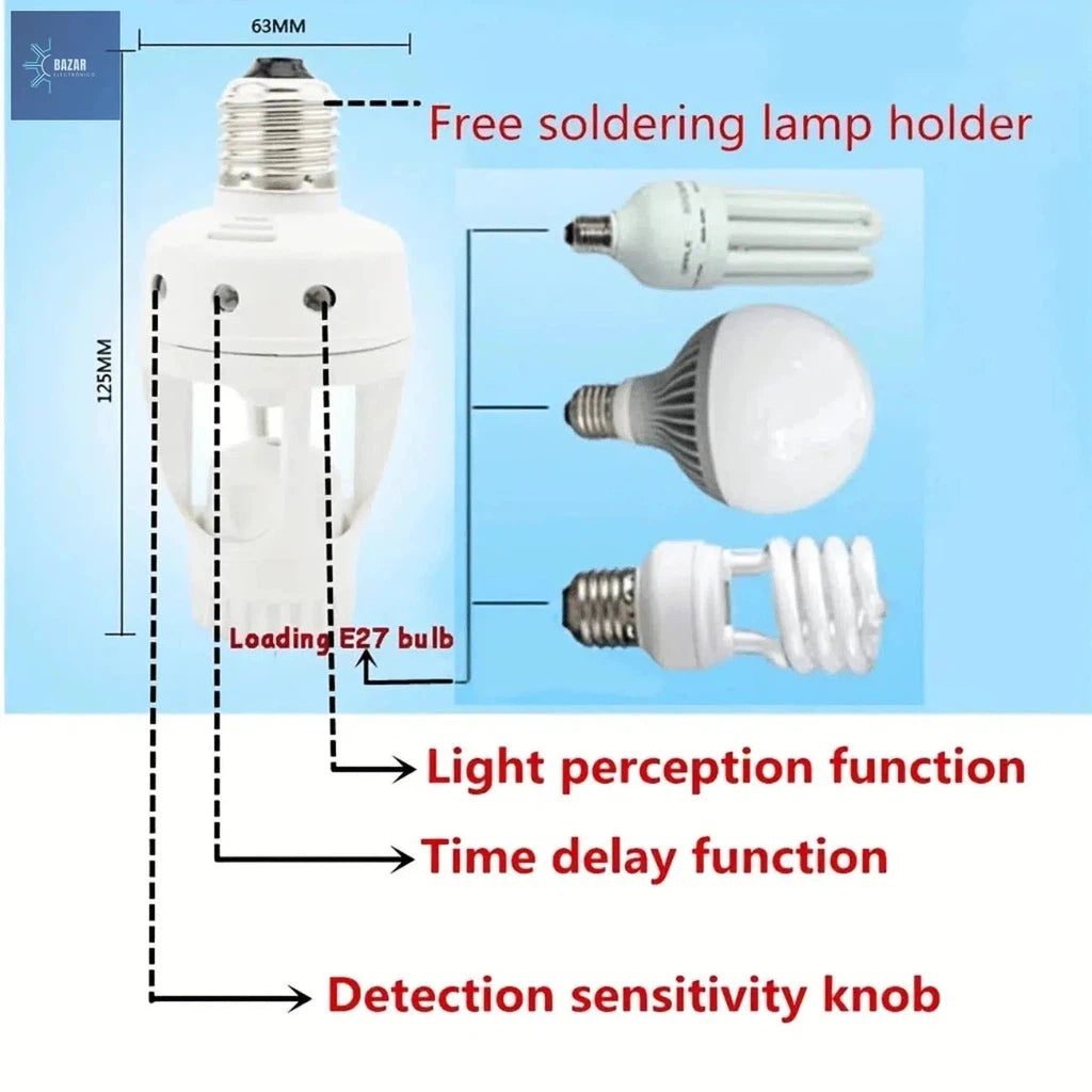 Soporte de Bombilla con Sensor de Movimiento E27: Iluminación Automática y Eficiente para Hogar y Oficina-BAZAR ELECTRONICO-E27 motion sensor-BAZAR ELECTRONICO