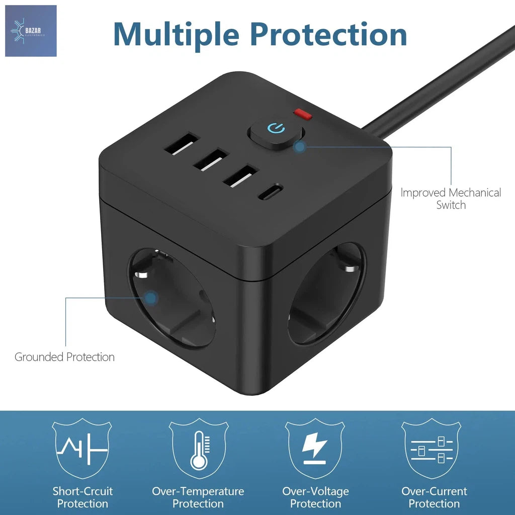 Tira de Alimentación 7 en 1: Carga Rápida con 3 Salidas CA, 3 Puertos USB y Tipo C, Protección Contra Sobrecargas y Sobretensiones-BAZAR ELECTRONICO-BAZAR ELECTRONICO